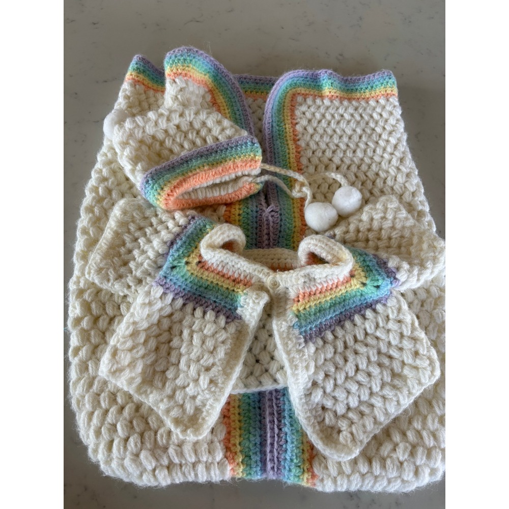 Handmade Crochet Baby Bunting Set Rainbow Stripe Cardigan Hat Off White Knit